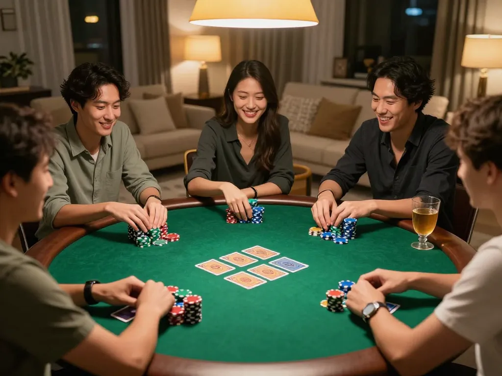 Friends enjoying a lively poker game at home, featuring BK8 brand poker chips and community cards laid out.