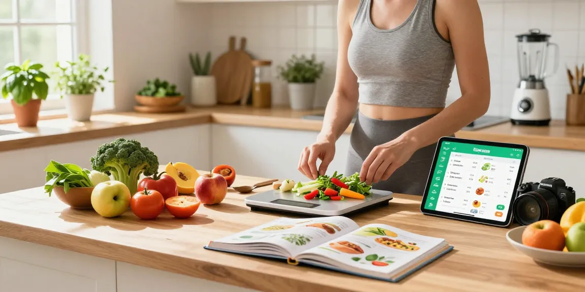 Preparing a nutritious meal with the best nutrition tracking app displayed on tablet in a bright kitchen.