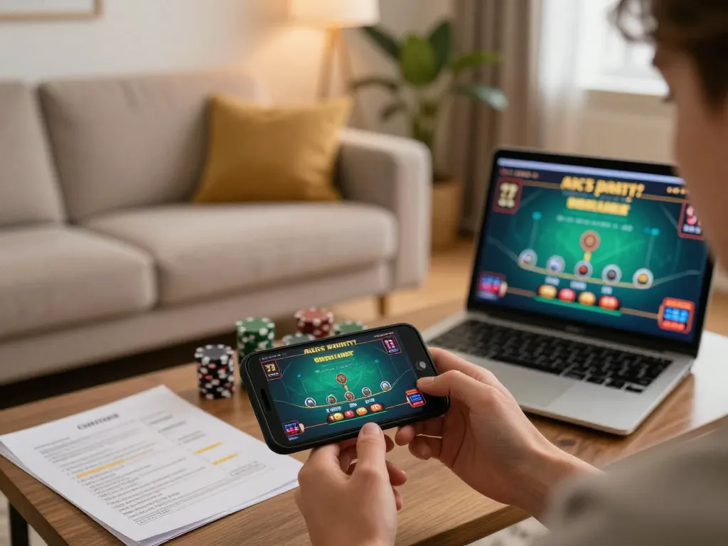 Engaging with online casinos Canada through a smartphone while enjoying a cozy home setting.