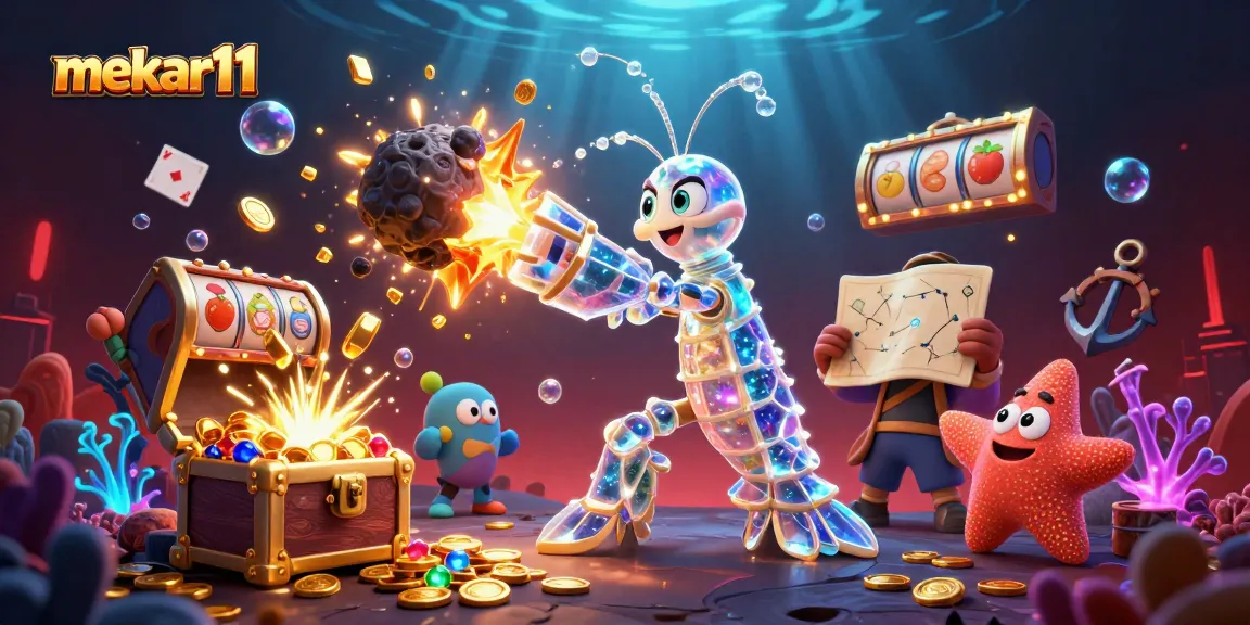 Mekar11 showcases a vibrant 3D casino scene with galactic characters and dazzling gem explosions.
