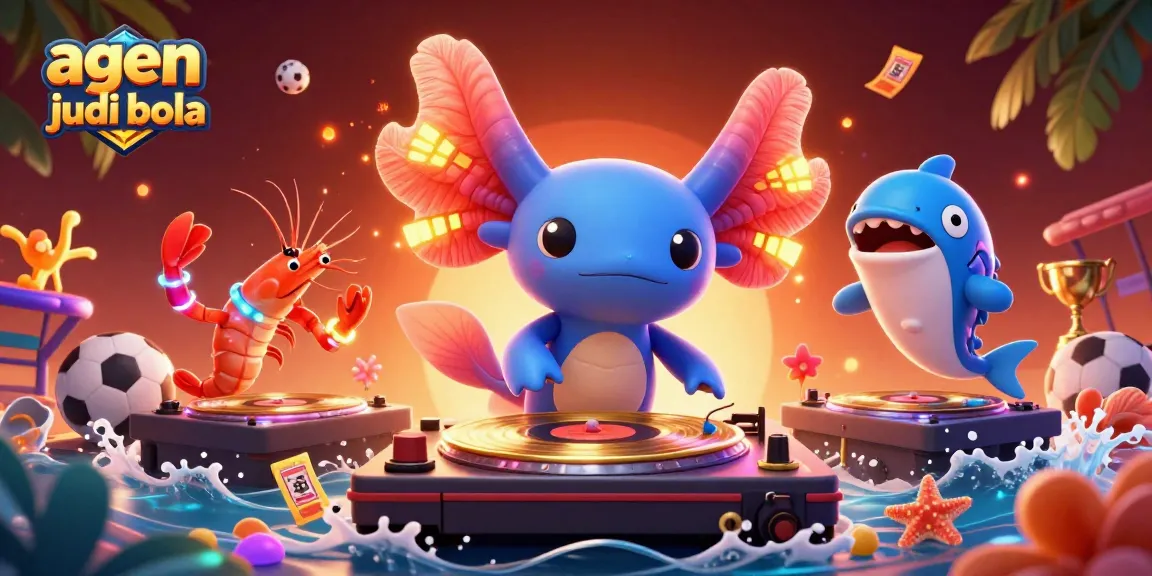 Engage with agen judi bola through vibrant sports-themed illustration featuring a neon DJ and dynamic characters.
