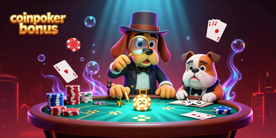 Esamina il coinpoker bonus con un cane detective che osserva indizi in questa illustrazione animata sul poker.