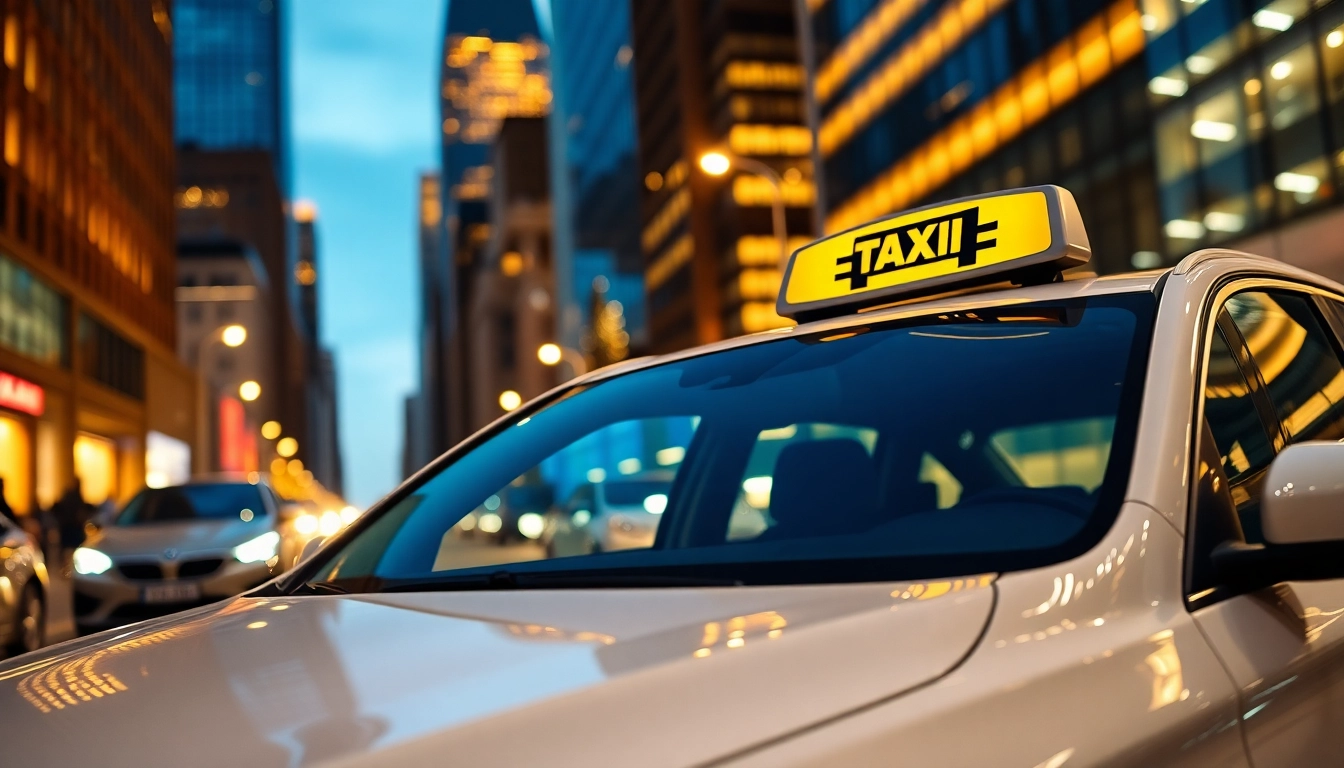 Experience LONG DISTANCE TAXI TRANSFERS with a professional taxi in a bustling cityscape.