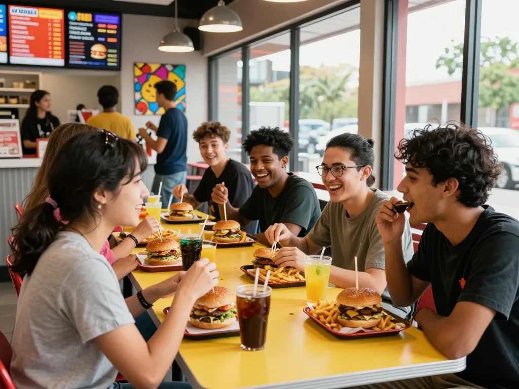 Fast food prices displayed on a menu board in a lively restaurant with diverse friends enjoying their meals
