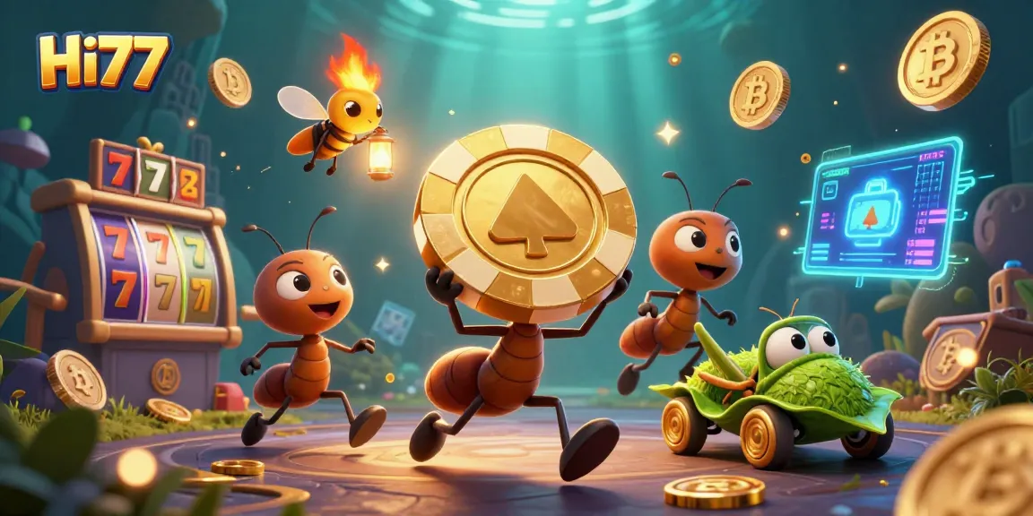Experience thrilling fun with Hi77 as cartoon ants pull off a heist in a vibrant casino scene.