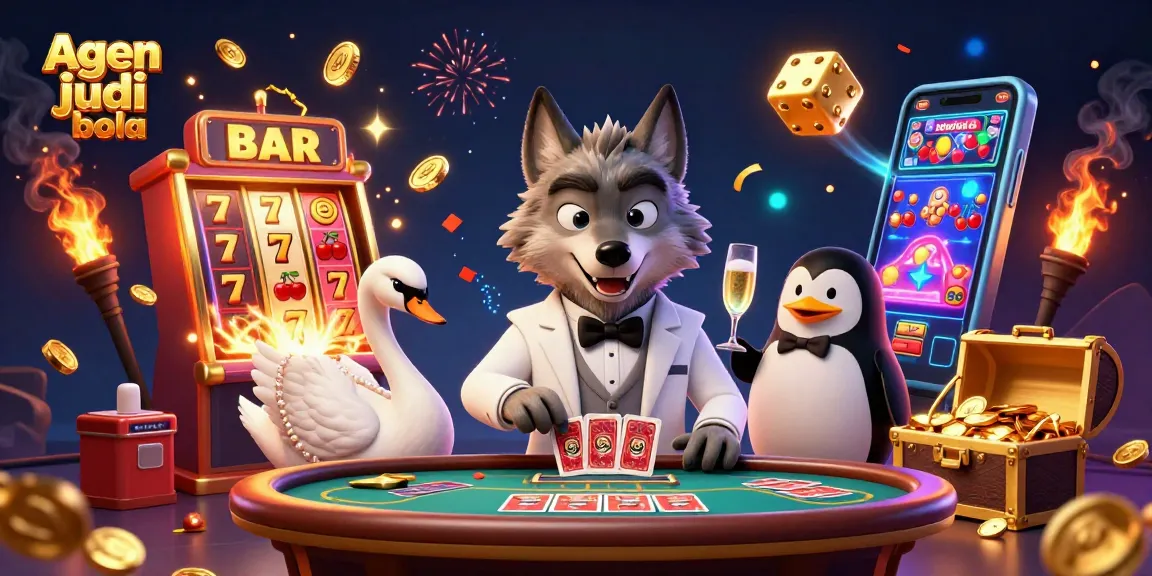Experience the thrill of agen judi bola with this vibrant scene of a betting wolf, swan dealer, and champagne penguin.