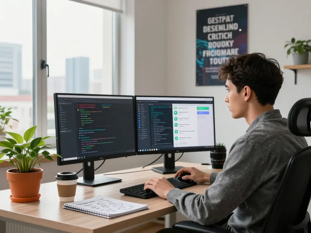 Developer integrating OpenClaw AI assistant in a modern home office setting with vibrant city view.