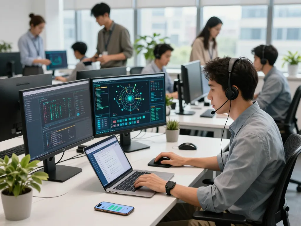 快连 tech support office with specialist assisting clients, displaying network analytics and troubleshooting.