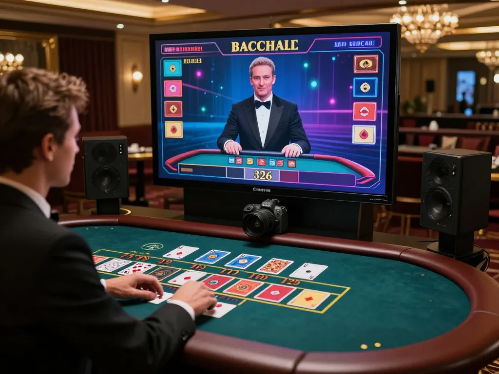 Engaging online baccarat gaming experience featuring a stylish player and high-resolution live dealer interaction.