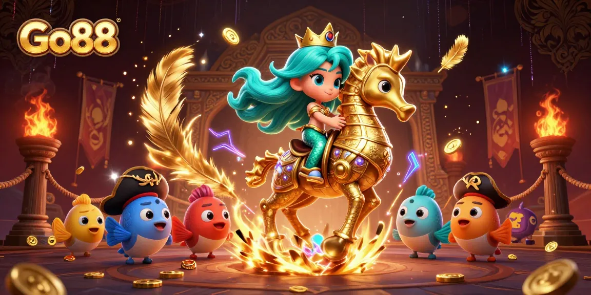 Win big with Go88 in an ultra-detailed casino scene featuring mermaid princess and seahorse.