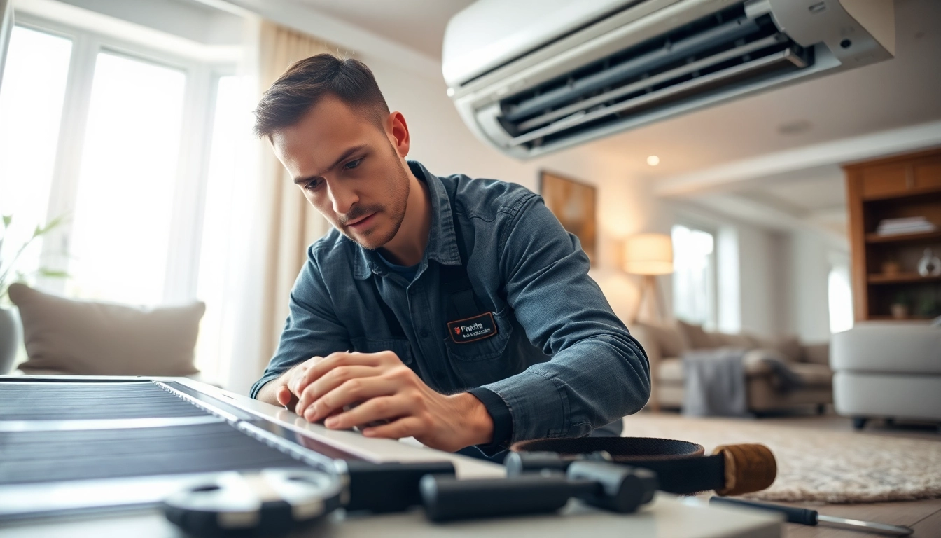 Expert HVAC Repair Tampa technician fixing an air conditioning unit in a modern living room.