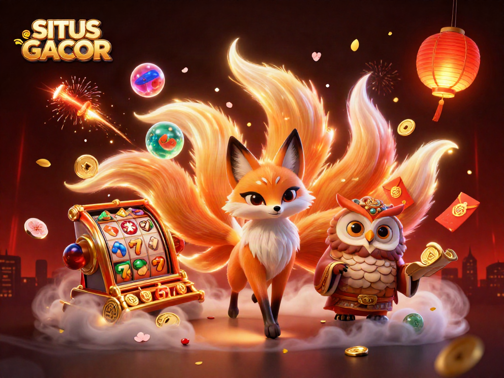Engage with SITUS GACOR at a vibrant casino, featuring a nine-tailed fox and dynamic elements.