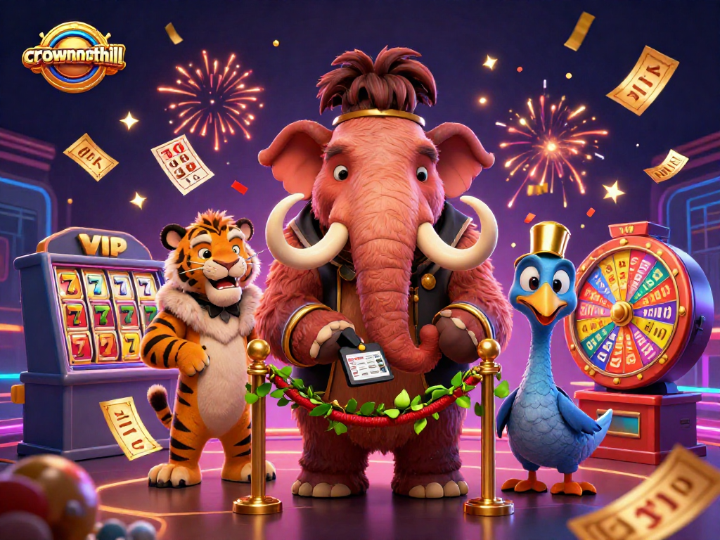 Crownnorthill casino shines with a vibrant 3D scene featuring a woolly mammoth bouncer, leading players into a jackpot frenzy.