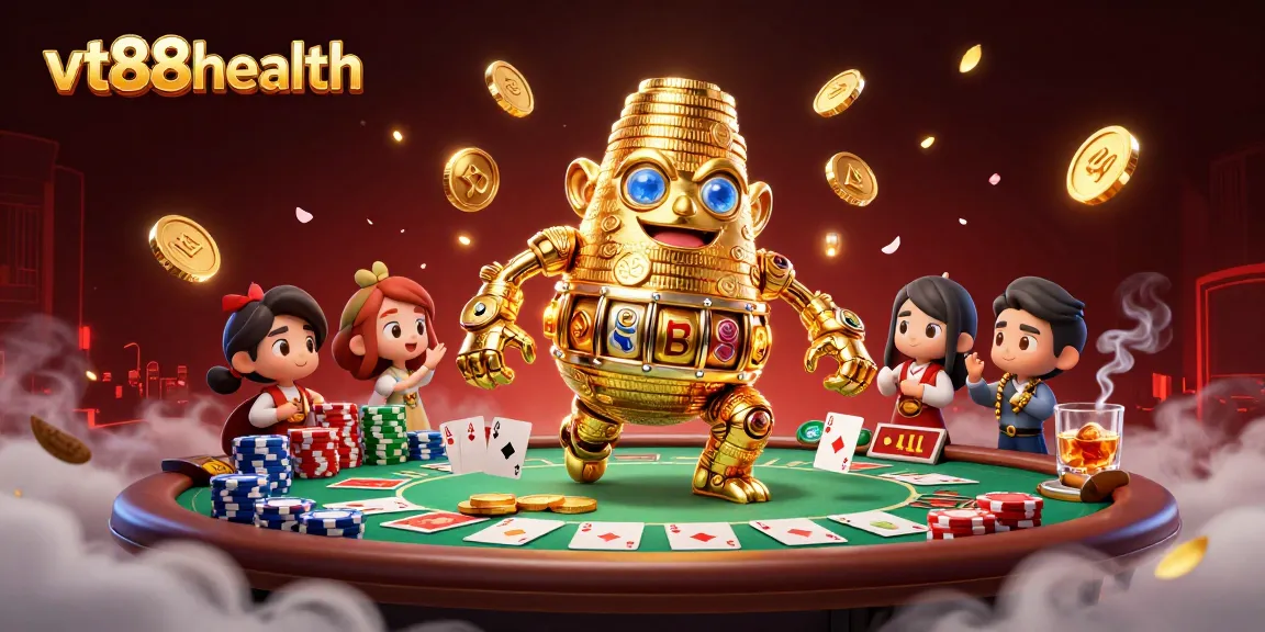 Engage with vt88health at a lively poker scene featuring a golden golem amidst stacked chips and glowing ambiance.