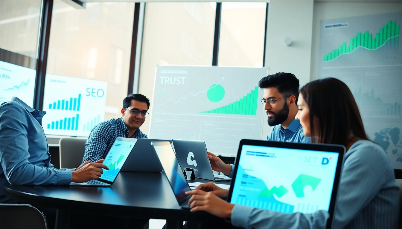 Team collaborating on SEO services strategies with data analysis and growth metrics.