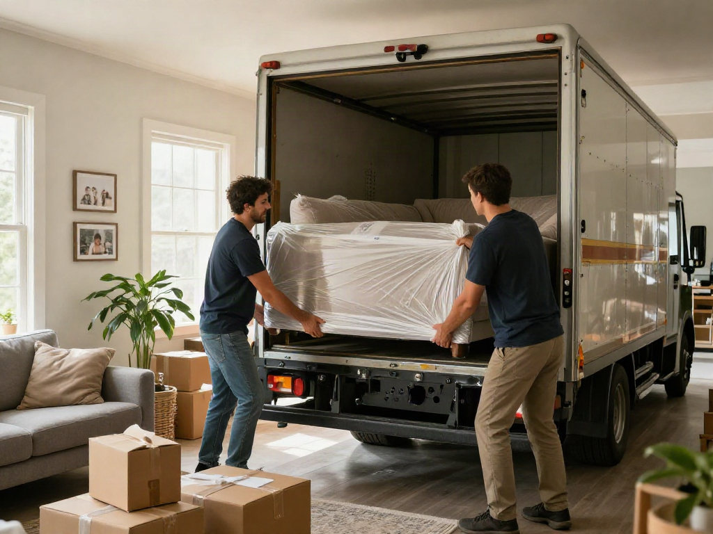 Professional movers loading a couch in a cozy living room for a seamless move.