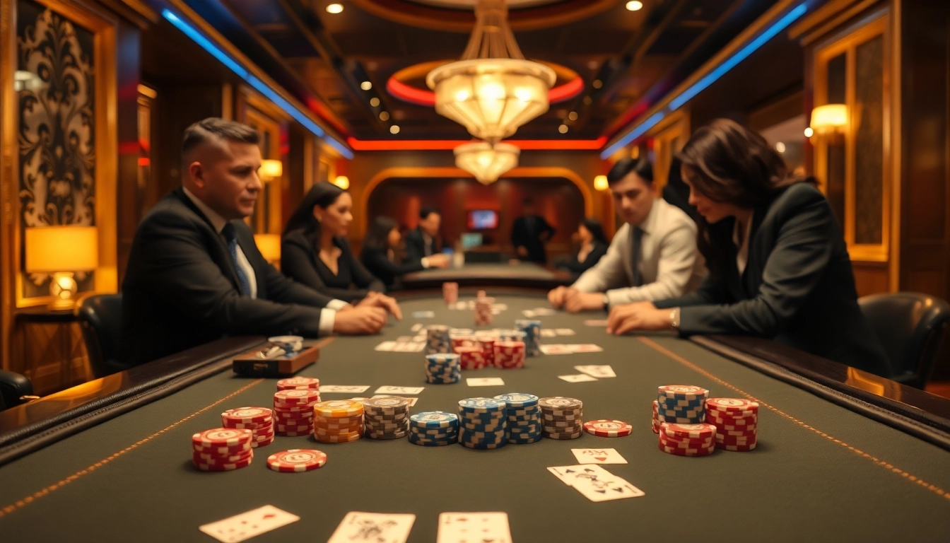 Permainan idn poker yang seru di meja kasino dengan kartu dan chip penuh warna.