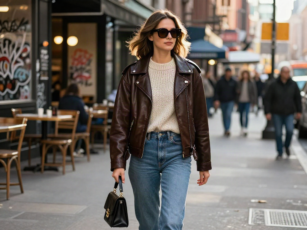 Stylish woman wearing leather jackets for women in an urban setting, walking confidently.