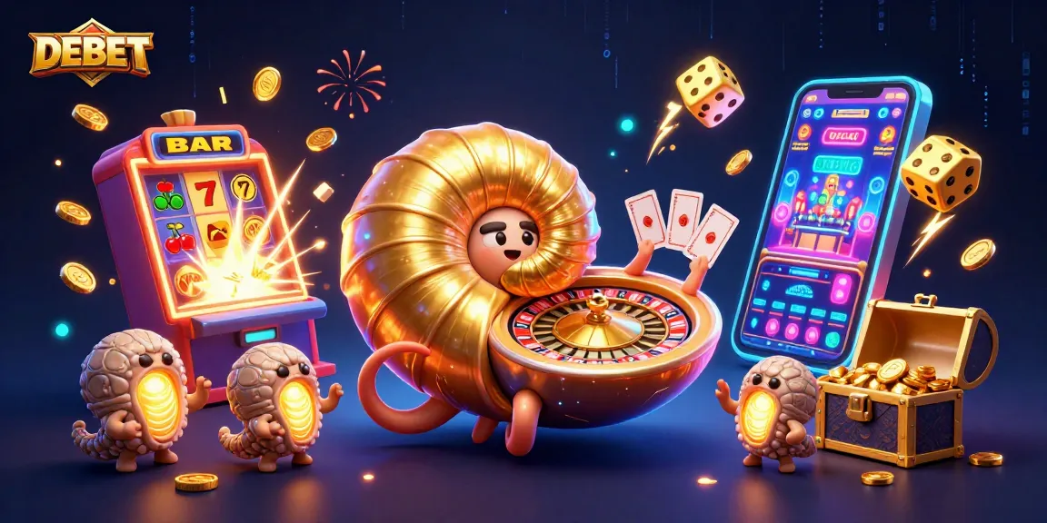 Engage in thrilling casino action with DEBET, featuring a colossal nautilus roulette and vibrant slot symbols.
