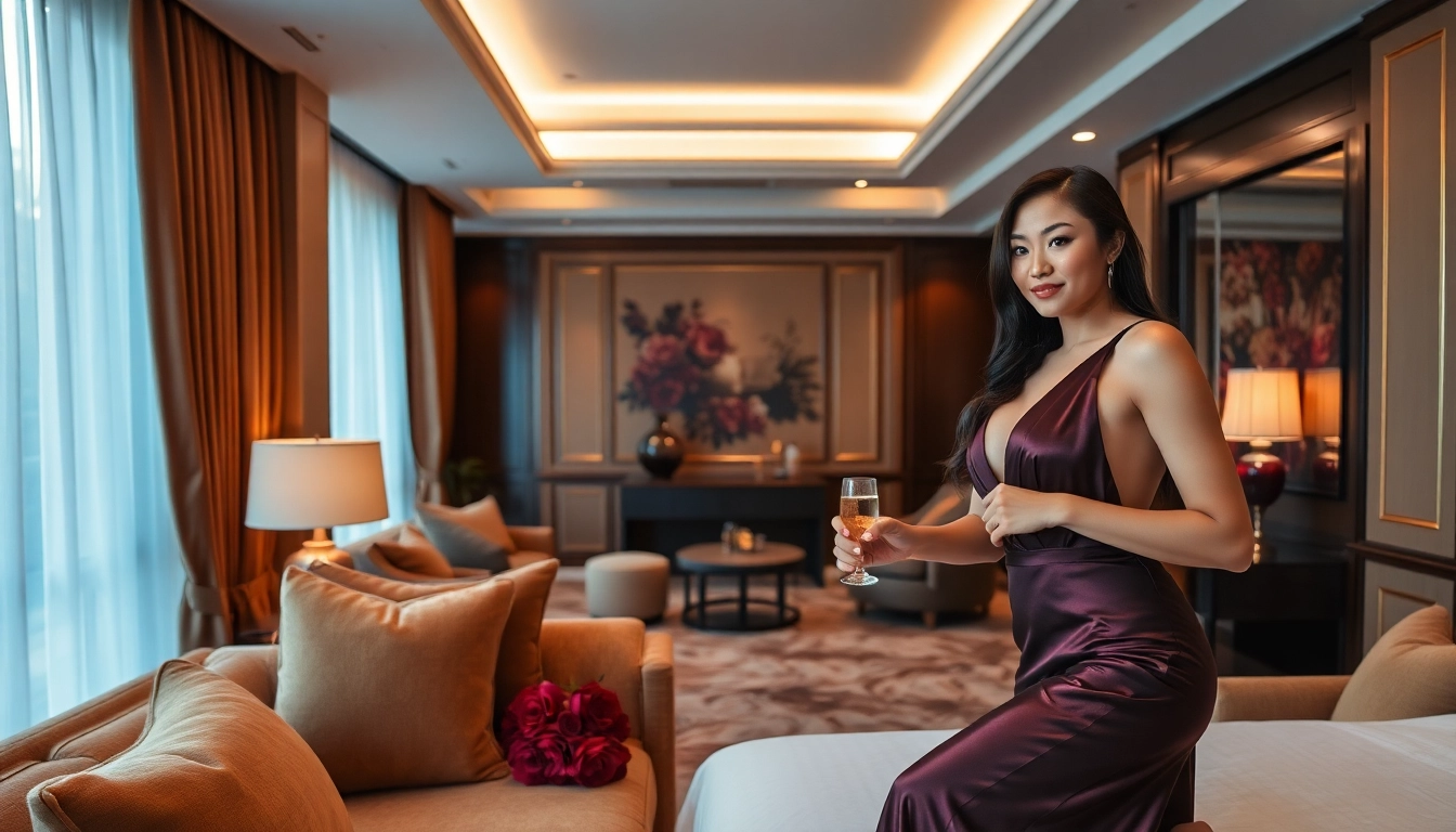 Singapore escort in a luxurious hotel suite with elegant decor and romantic ambiance.