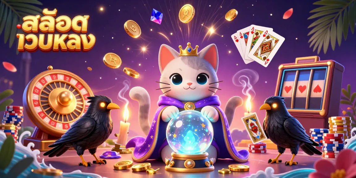 Engage with สล็อตเว็บตรง through vibrant 3D illustration featuring a fortune teller cat and casino elements.