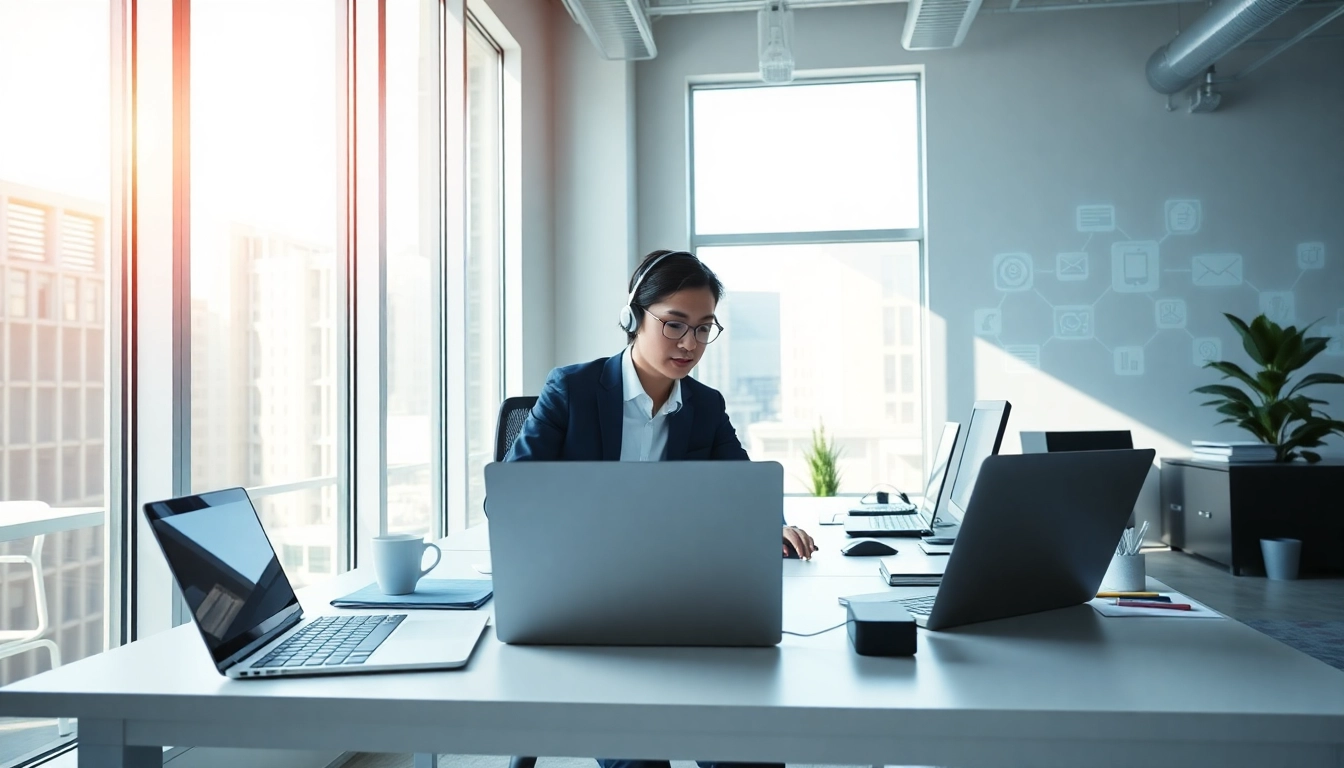 Showcasing an enterprise assistant at a modern workstation enhancing productivity.