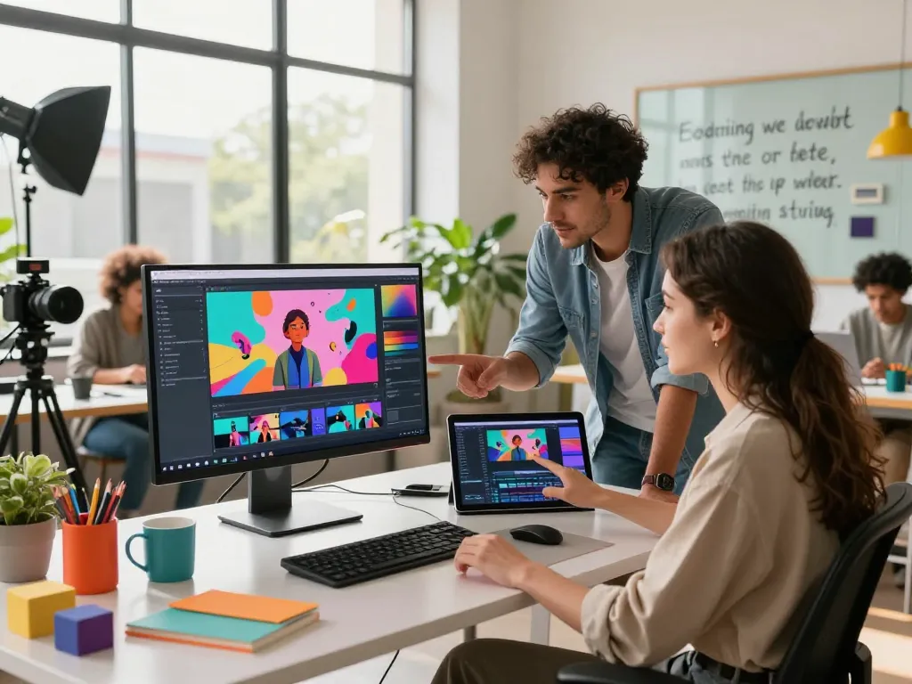Seedance 2.0 scene with creative professionals collaborating on AI video generation in a vibrant studio environment.