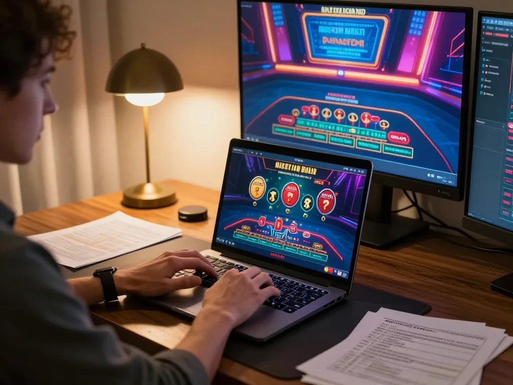 LV88 player engaging in live baccarat at home using laptop, showcasing strategic betting environment