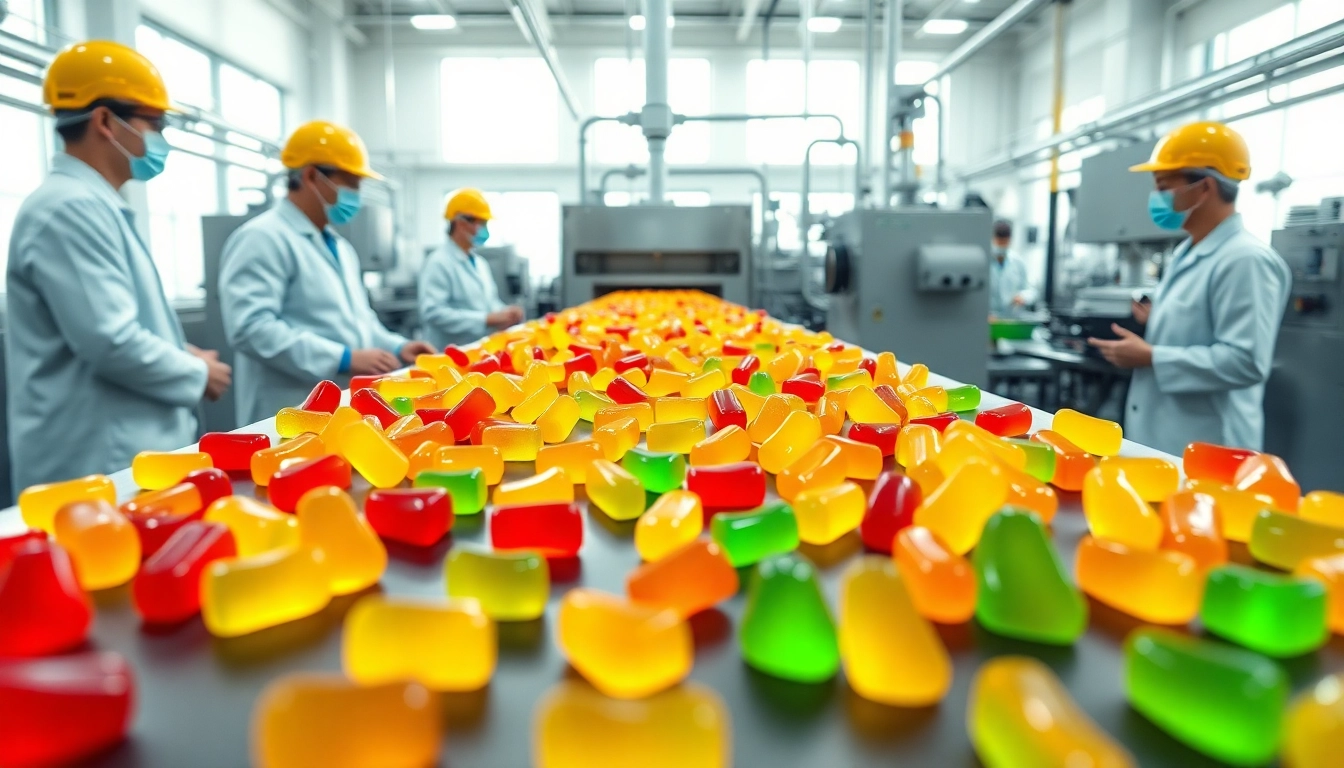 Gummy supplement manufacture in a modern factory showcasing colorful gummy production.