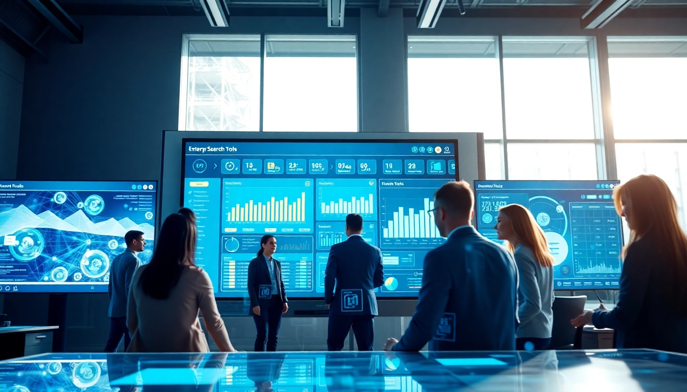 Showcasing enterprise search tools in a digital workspace with analytics and collaboration.