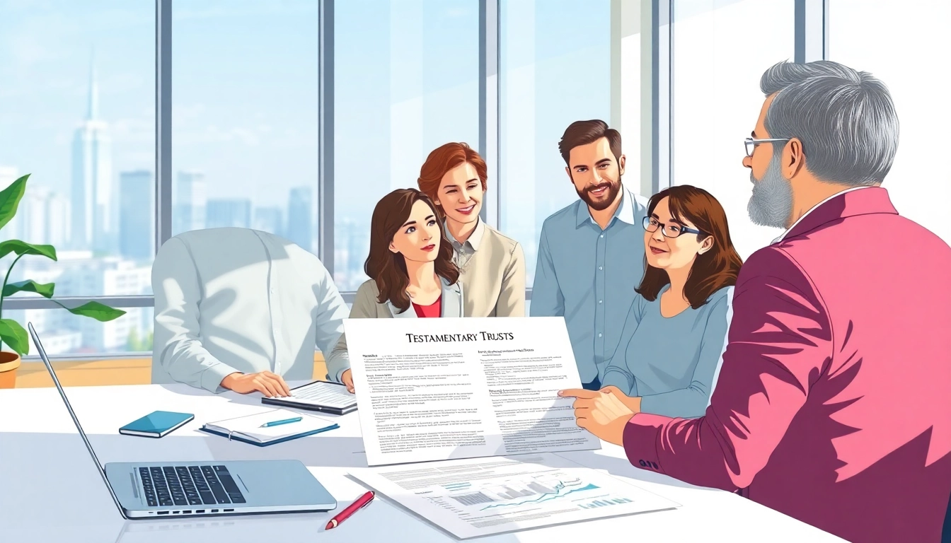 Engaging discussion on testamentary trusts with a professional advisor and a family in a bright office.