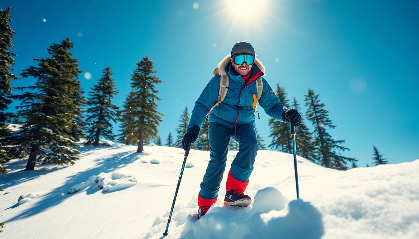 Shop for winter gear sale featuring an outdoor enthusiast in vibrant winter apparel amidst a snowy backdrop.