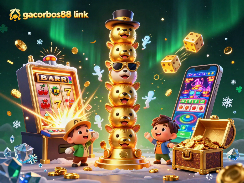 Experience the excitement of gambling with the gacorbos88 link, showcasing a vibrant 3D casino scene.