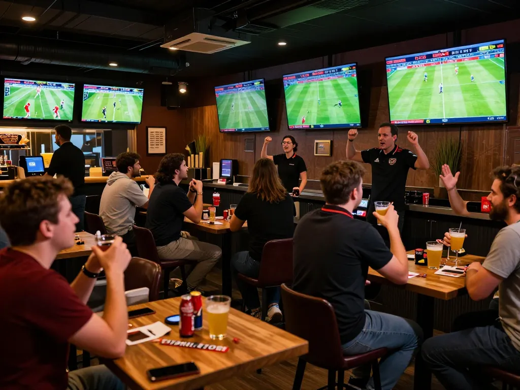 Cakhia tv sports betting excitement with fans cheering under warm lights at a modern bar.