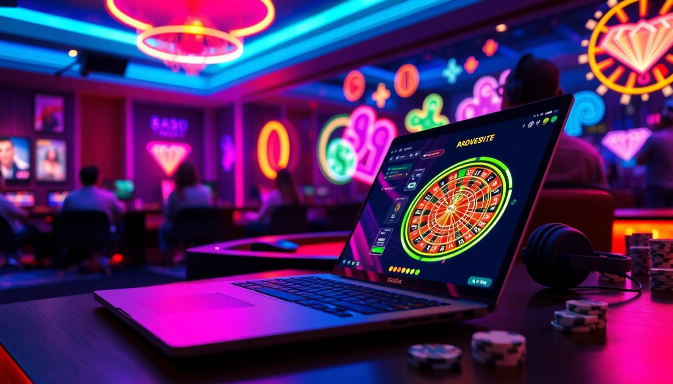 Engaging players enjoying dynamic games on various casino sites with a vibrant backdrop.