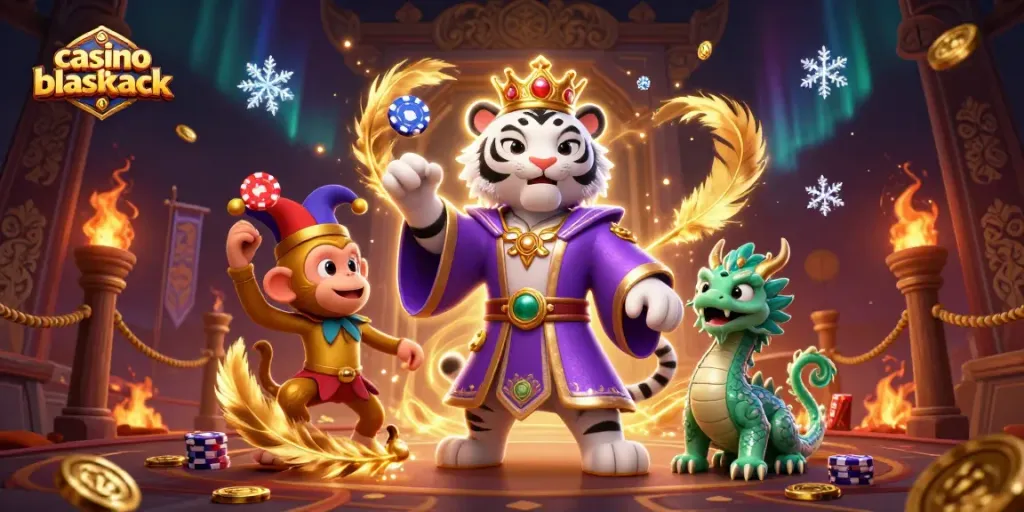 Disfruta del casino blackjack con una ilustración 3D vibrante llena de acción y color.