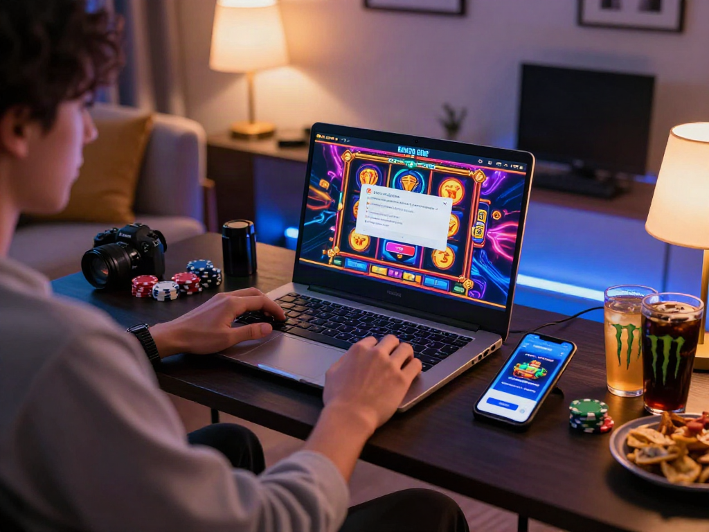 Engaging online gaming setup featuring bro138 slot login link alternatif on laptop screen with colorful gaming elements.