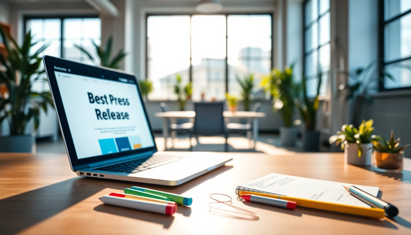 Showcase a laptop and workspace depicting the Best Press release website in a professional setting.