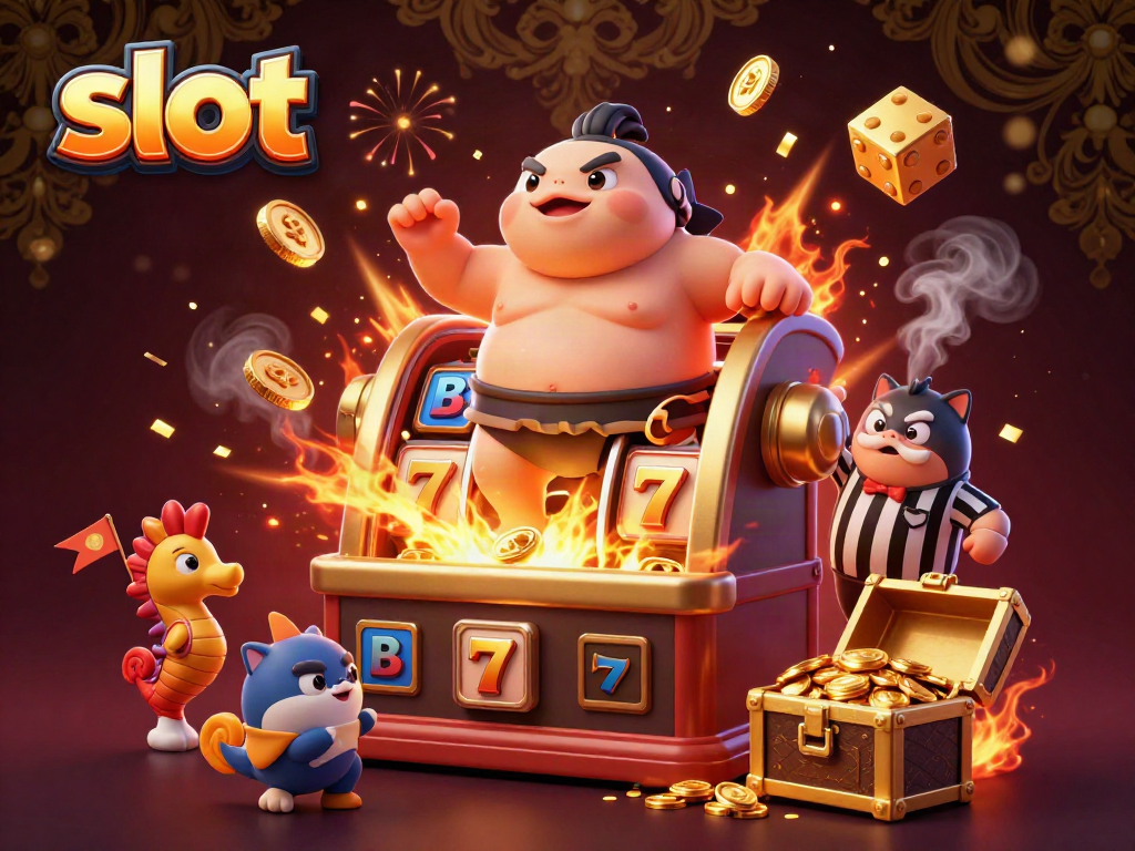 Experience thrilling slot action with a cartoon fugu sumo wrestler amid golden jackpots.