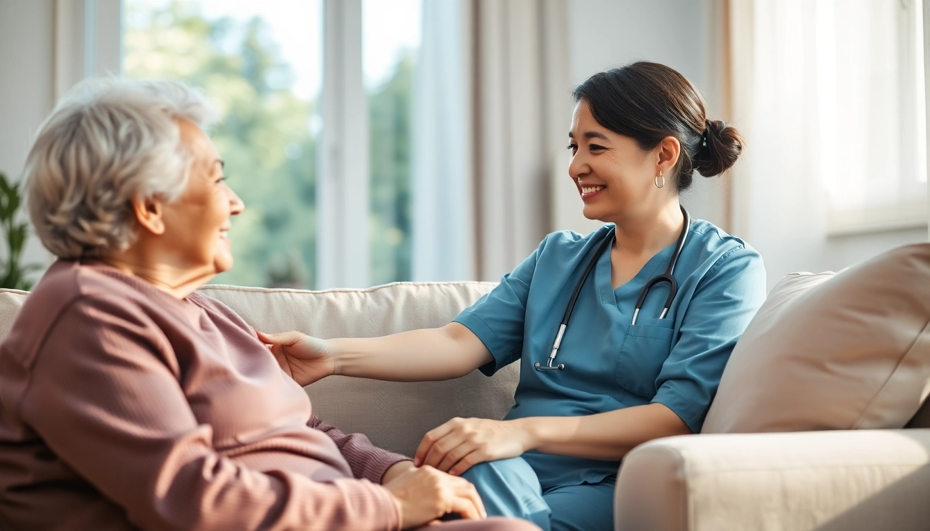 Provide compassionate in home senior care in a cozy living room setting with a caregiver and senior.