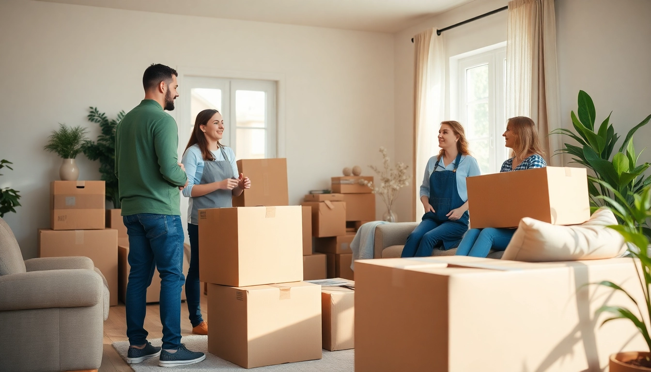 Movers in a cozy living room providing removals near me services with packed boxes.