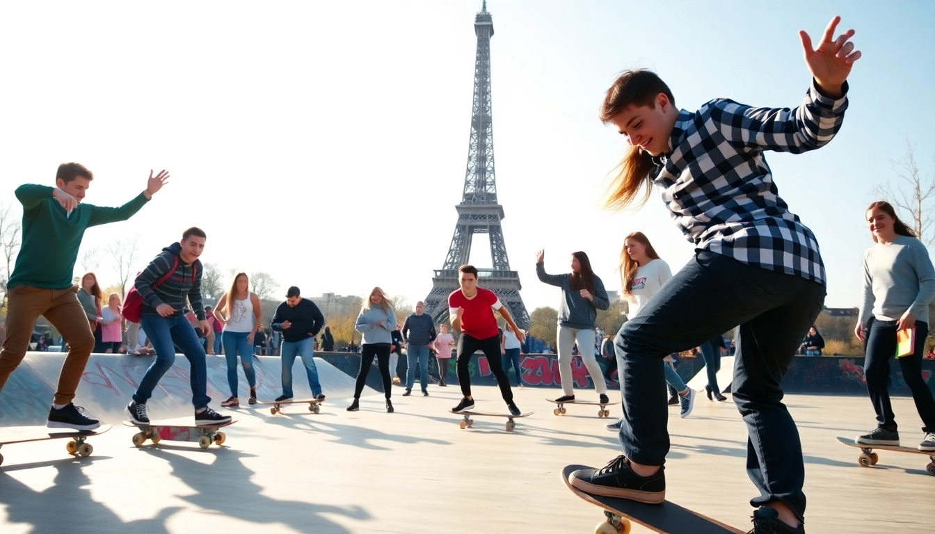 Jeunes élèves de l'école de skate à Paris apprenant des techniques de skate dans un cadre dynamique.