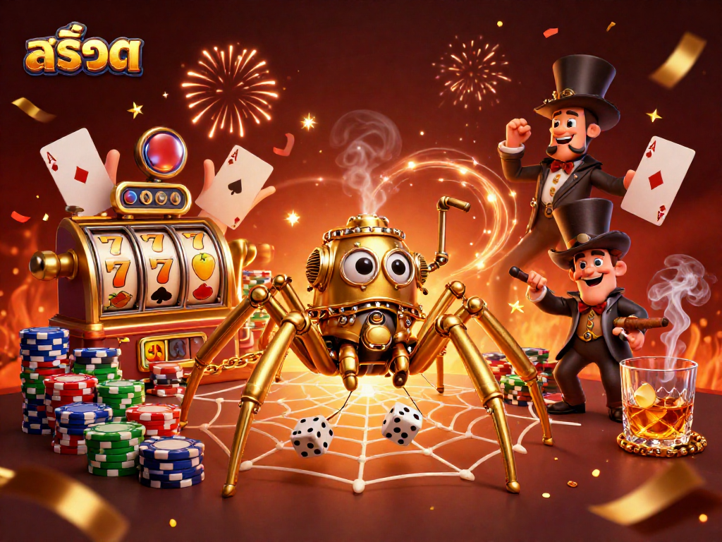 Play exciting สล็อต games with the golden spider in a vibrant, dynamic casino scene.