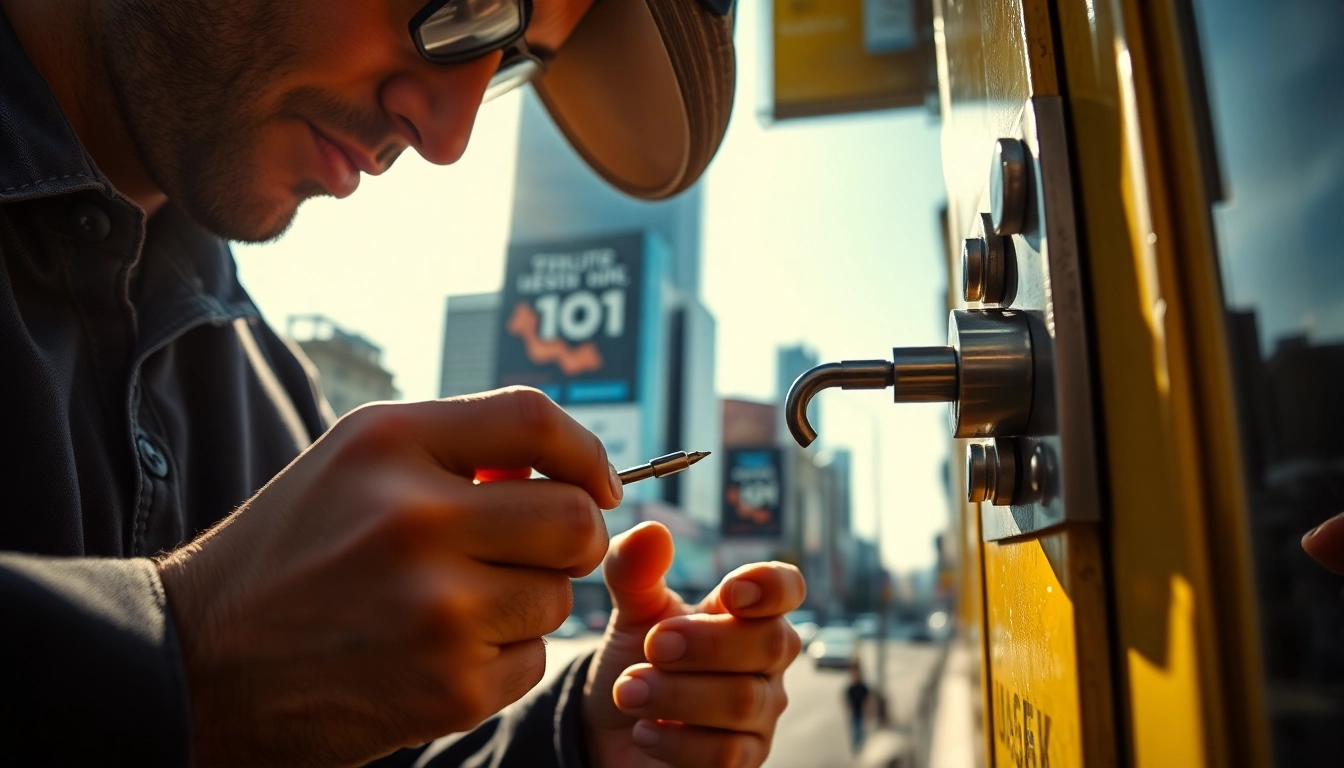 Locksmith near me expertly picking a lock, showcasing skills in a vibrant urban environment.