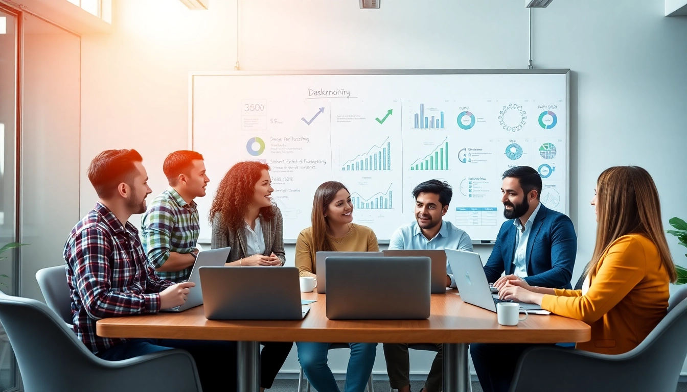 Zespół marketingowy pracuje nad strategią SEO rankingo w nowoczesnym biurze.