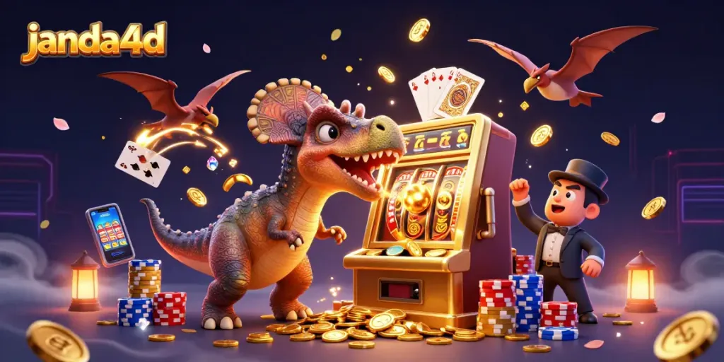 JANDA4D menghadirkan ilustrasi kasino yang dinamis dengan karakter lucu dan mesin slot menghasilkan koin jackpot.