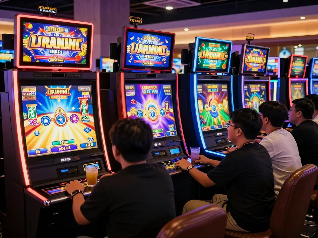 Exciting gaming scene with players enjoying slot gacor hari ini in a vibrant setting