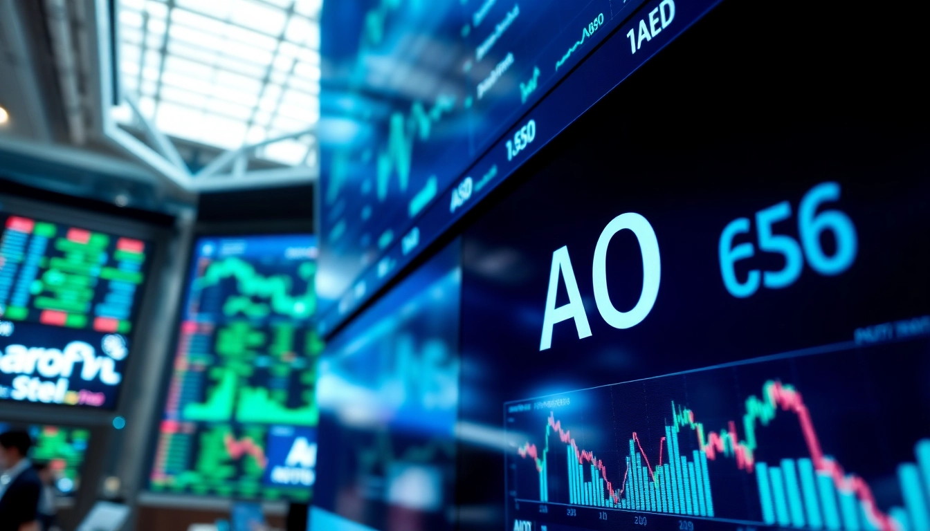 Monitor showcasing the AON stock price with fluctuating charts and financial data.