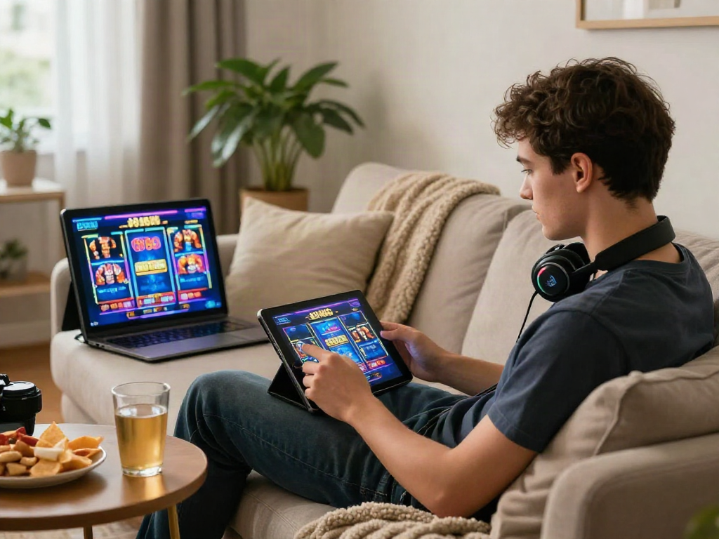 Engaged player enjoying slot88 games in a cozy home setting.