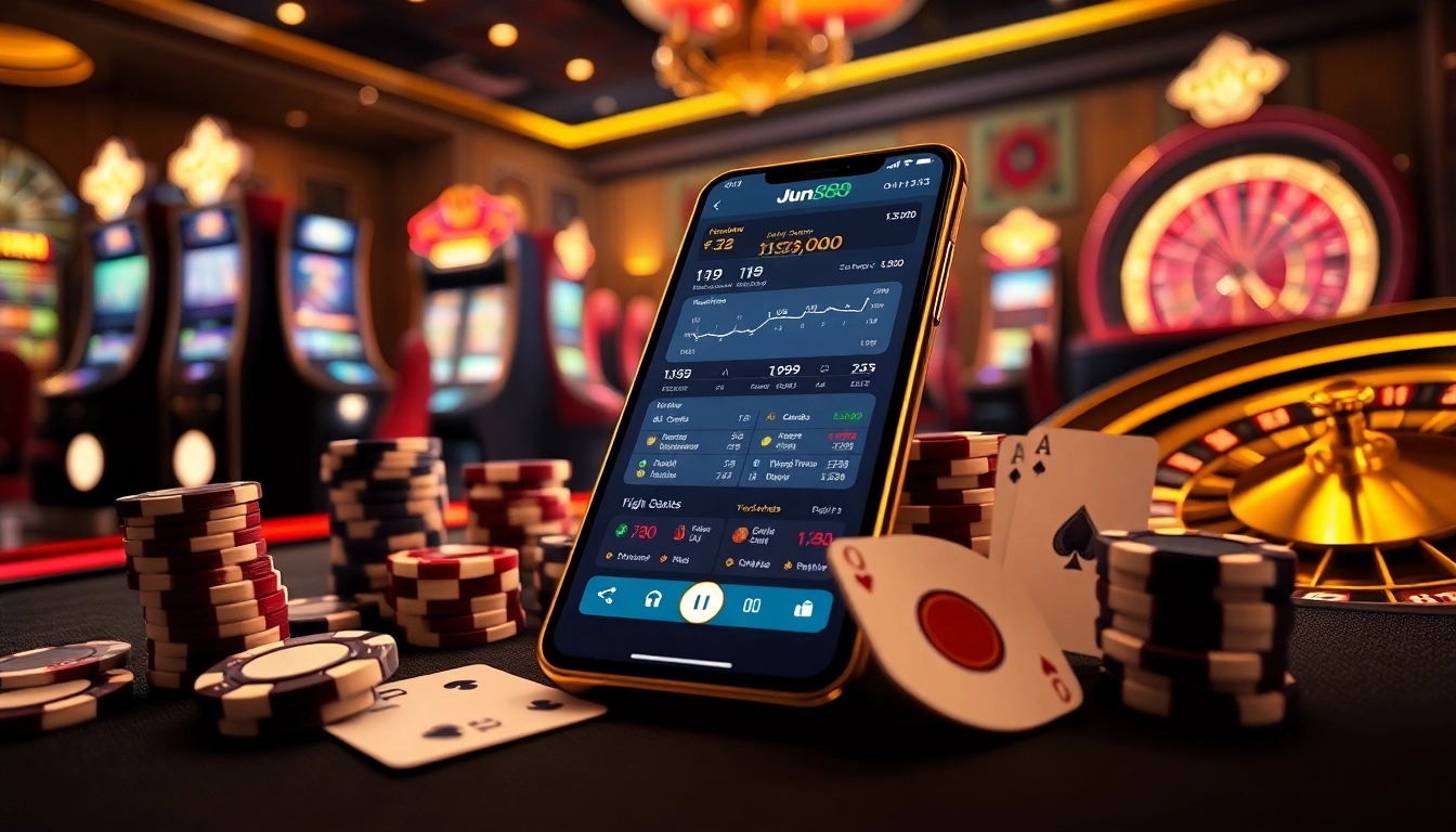 Exciting Jun888 gambling scene with poker chips, slot machines, and digital betting interface.